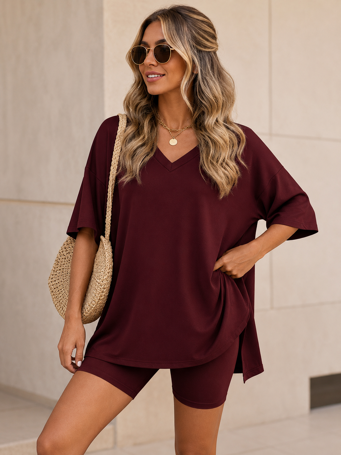 Ensemble 2 Pièces T-Shirt Col V & Short