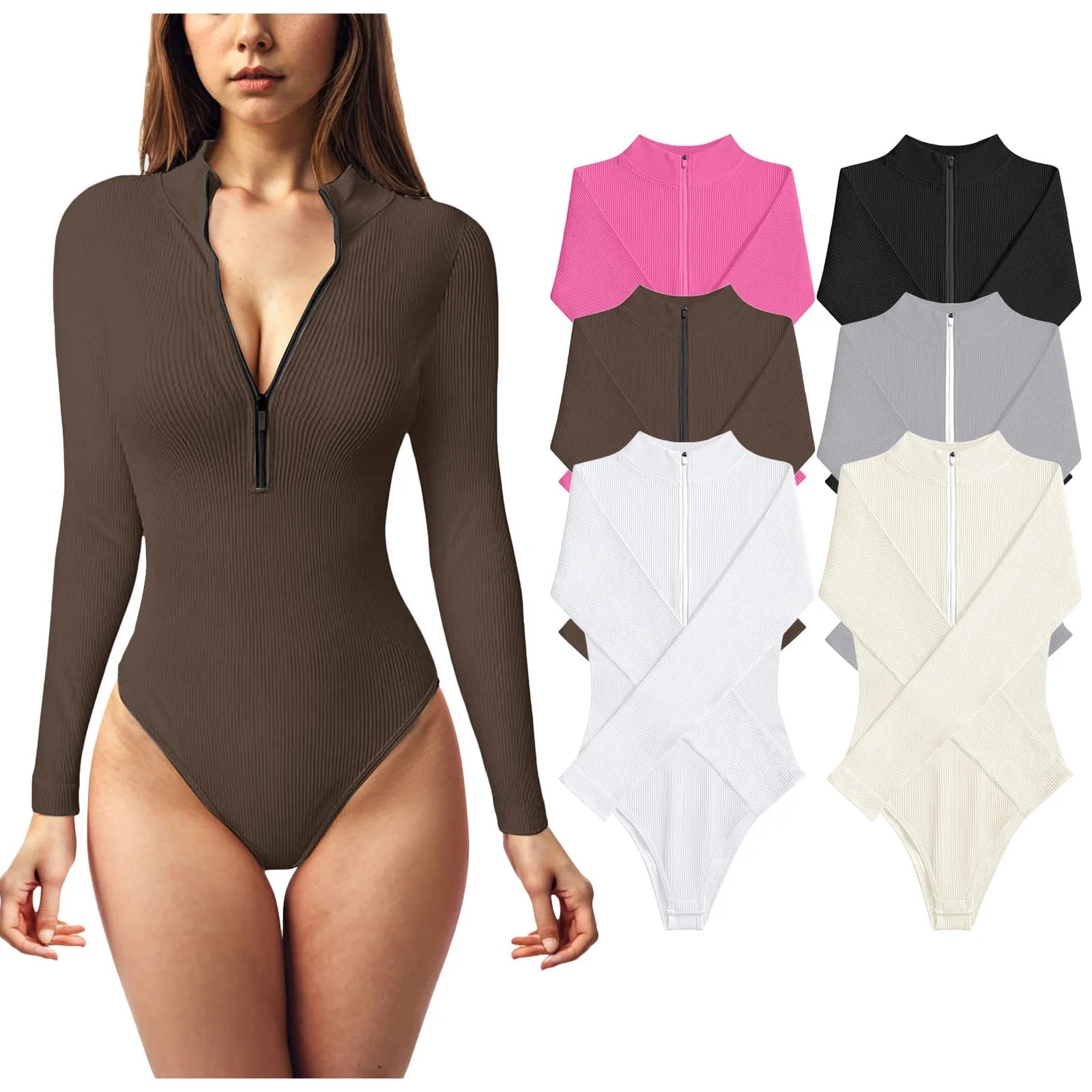 Sexy coupe haute creux string body femmes fermeture éclair avant couleur unie à manches longues body hauts Sexy une pièce cuisse culture hauts 2025