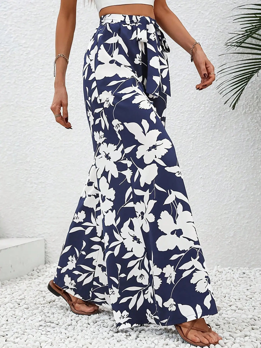 Pantalon Large Fleuri Taille Haute