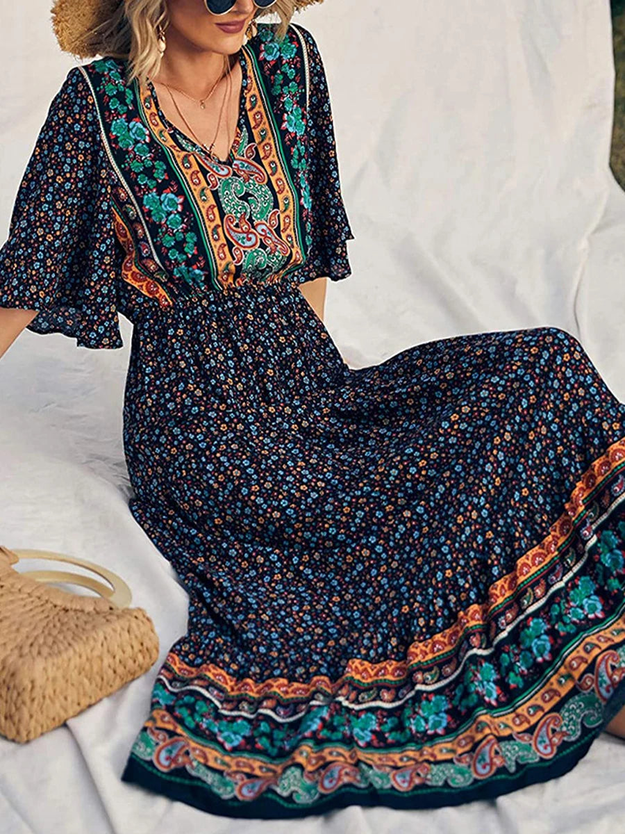 Robe Longue Bohème Imprimée Col V