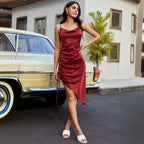 Robe Midi Satinée Col Drapé
