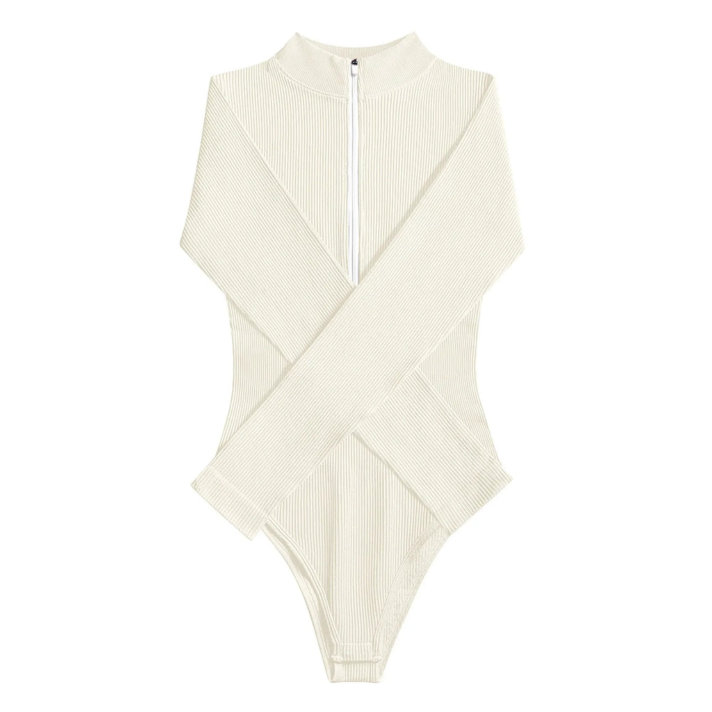 Sexy coupe haute creux string body femmes fermeture éclair avant couleur unie à manches longues body hauts Sexy une pièce cuisse culture hauts 2025