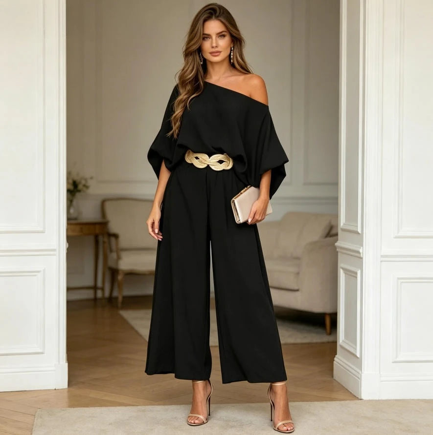 Ensemble 2 Pièces Col Asymétrique & Pantalon Large