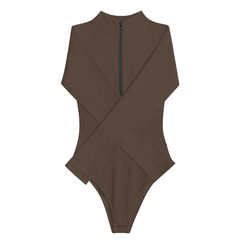 Sexy coupe haute creux string body femmes fermeture éclair avant couleur unie à manches longues body hauts Sexy une pièce cuisse culture hauts 2025