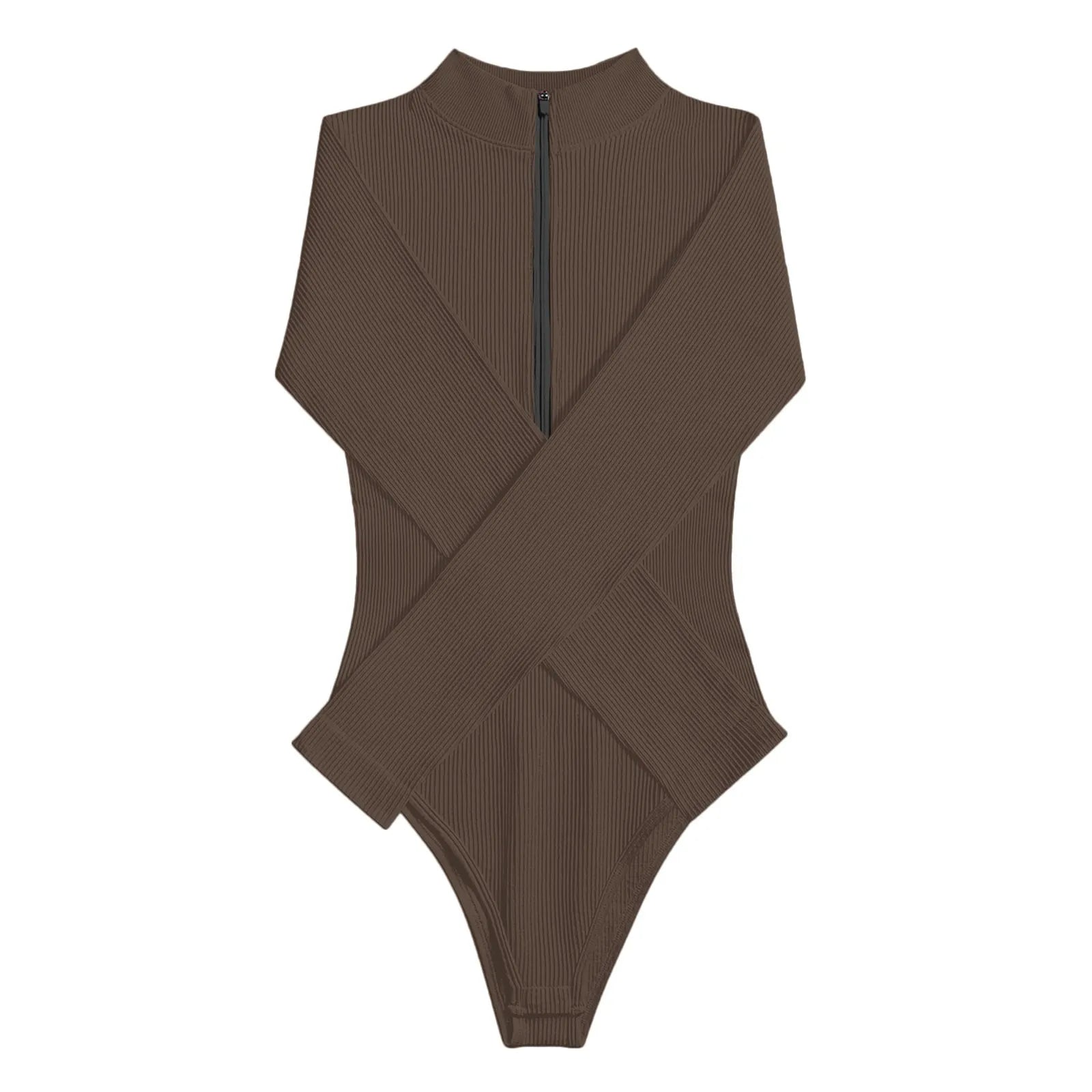 Sexy coupe haute creux string body femmes fermeture éclair avant couleur unie à manches longues body hauts Sexy une pièce cuisse culture hauts 2025