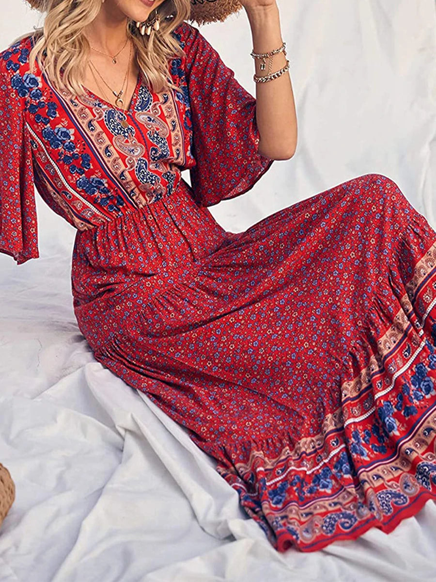 Robe Longue Bohème Imprimée Col V