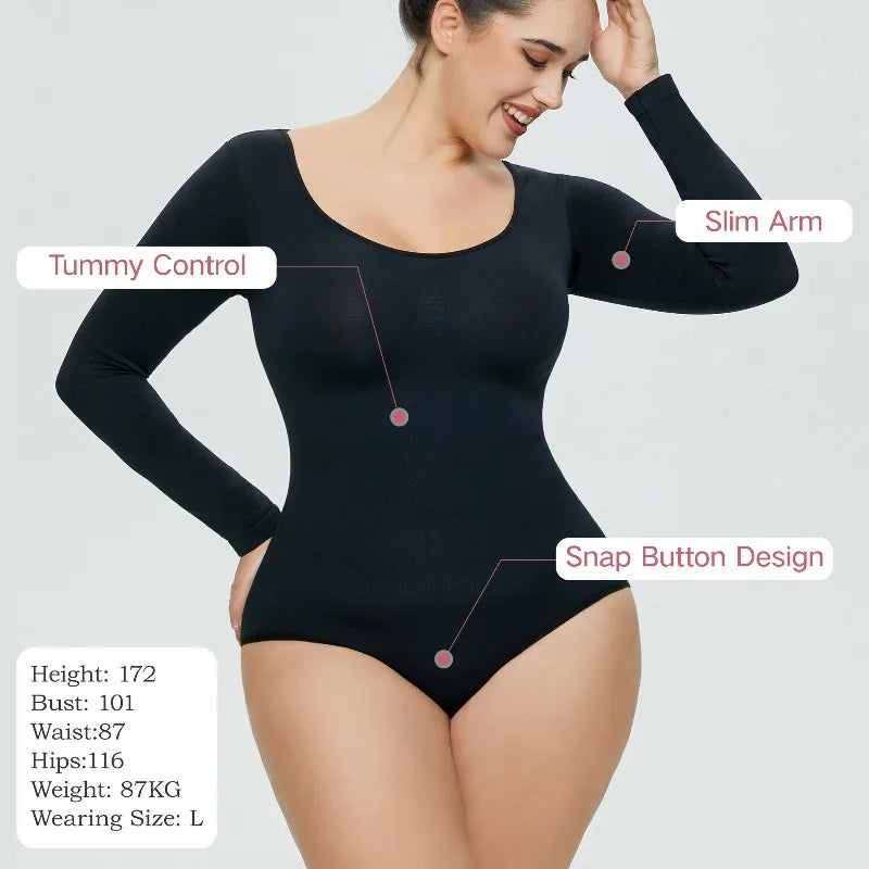 Body femme grande taille col rond manches longues body hauts décontracté dame moulante Streetwear bouton ouvert entrejambe Onesie Shapewear