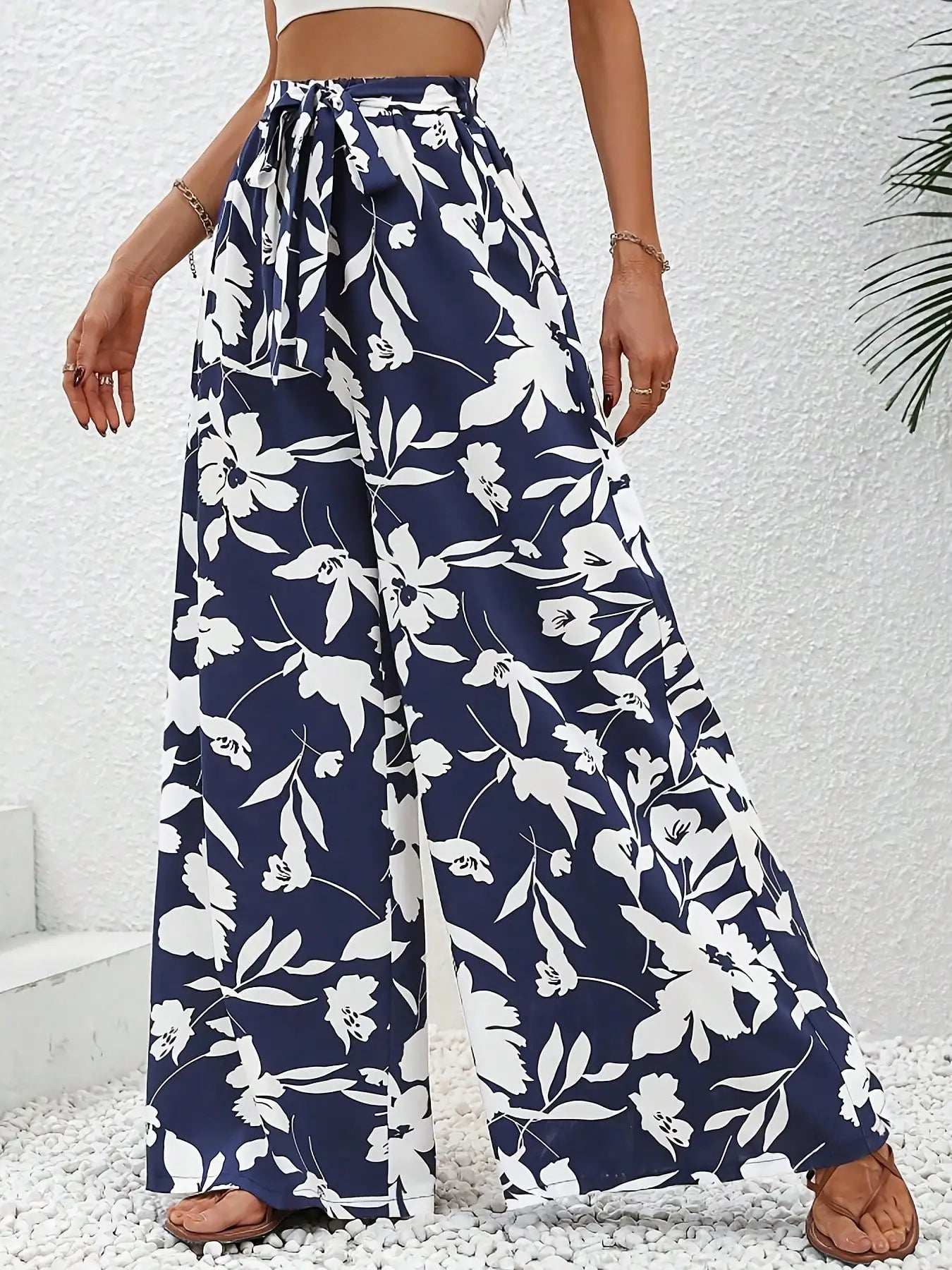 Pantalon Large Fleuri Taille Haute