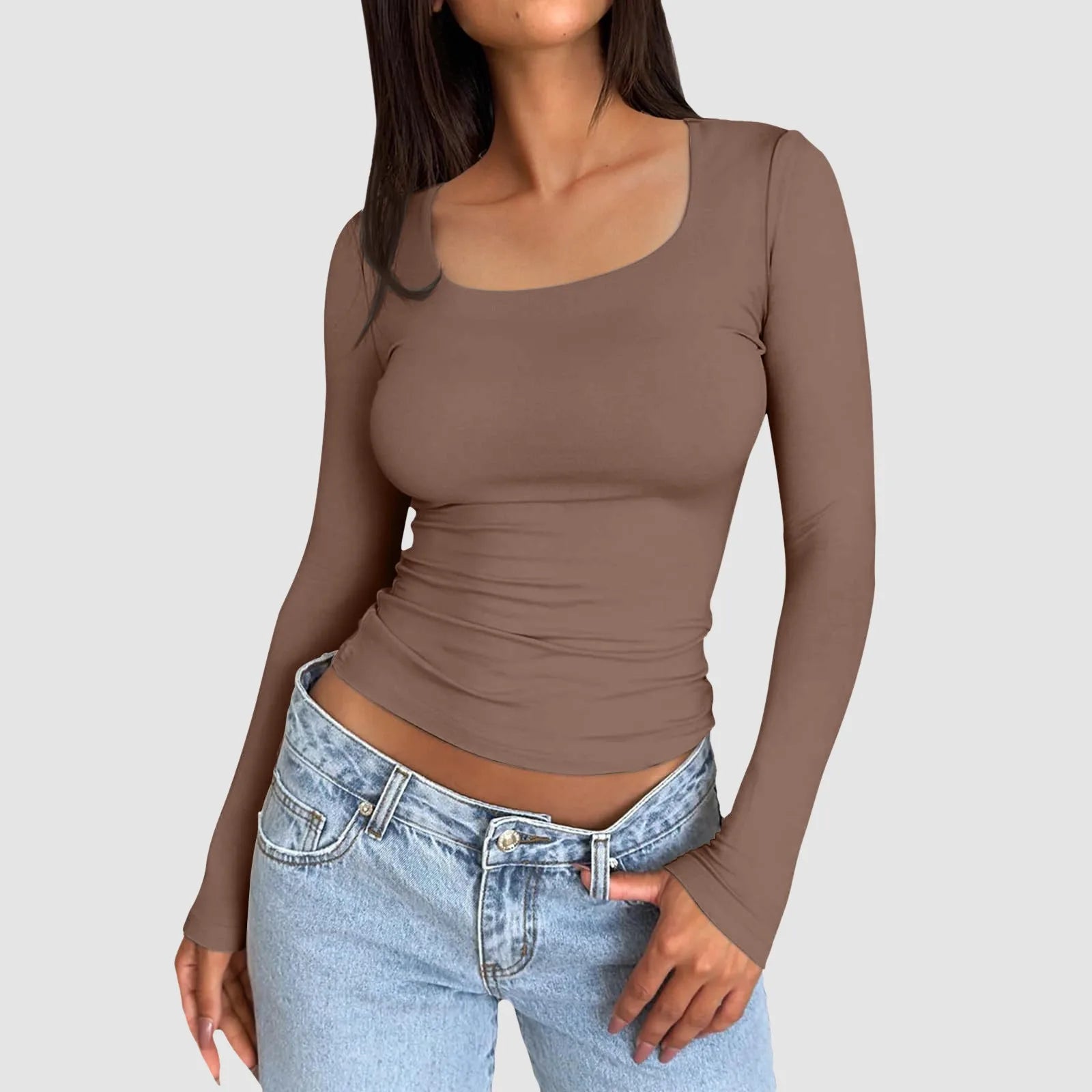 Crop Top Col Carré Manches Longues