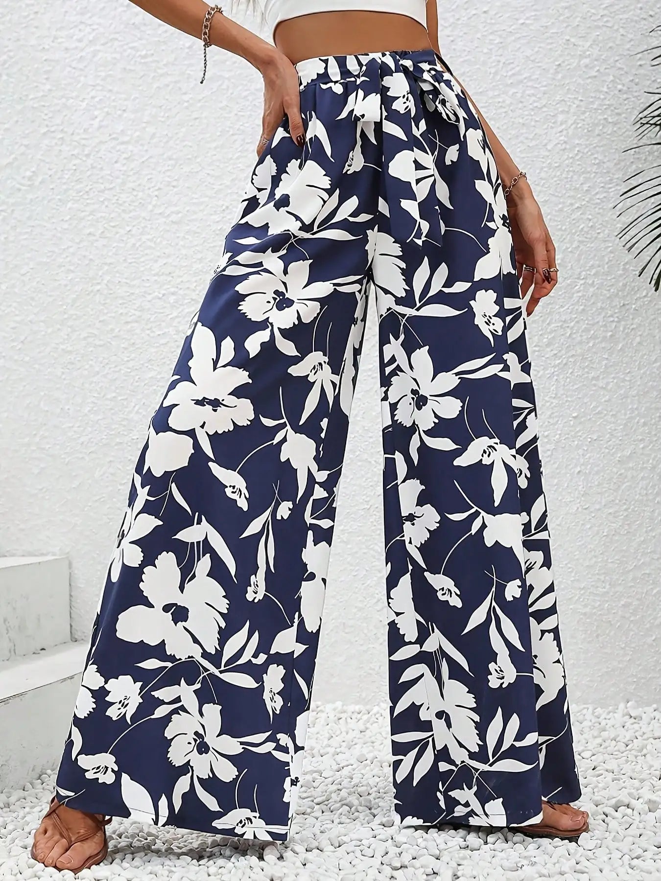 Pantalon Large Fleuri Taille Haute