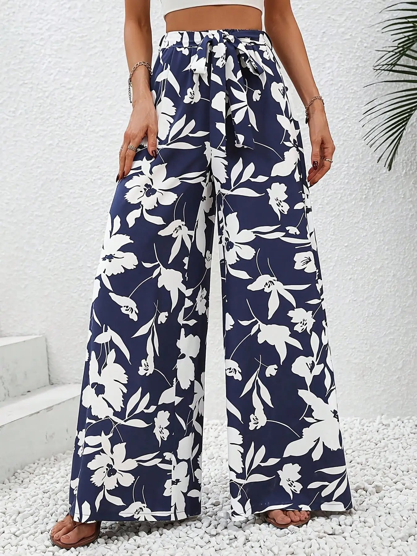 Pantalon Large Fleuri Taille Haute