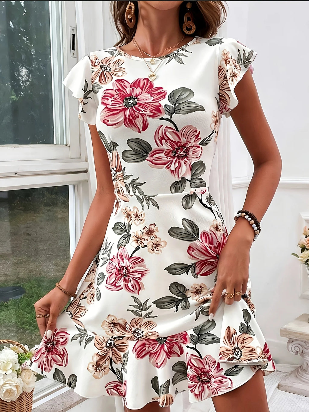 Robe Courte Satinée Fleurie Manches Bouffantes