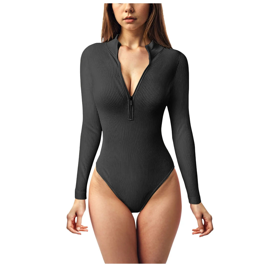 Sexy coupe haute creux string body femmes fermeture éclair avant couleur unie à manches longues body hauts Sexy une pièce cuisse culture hauts 2025