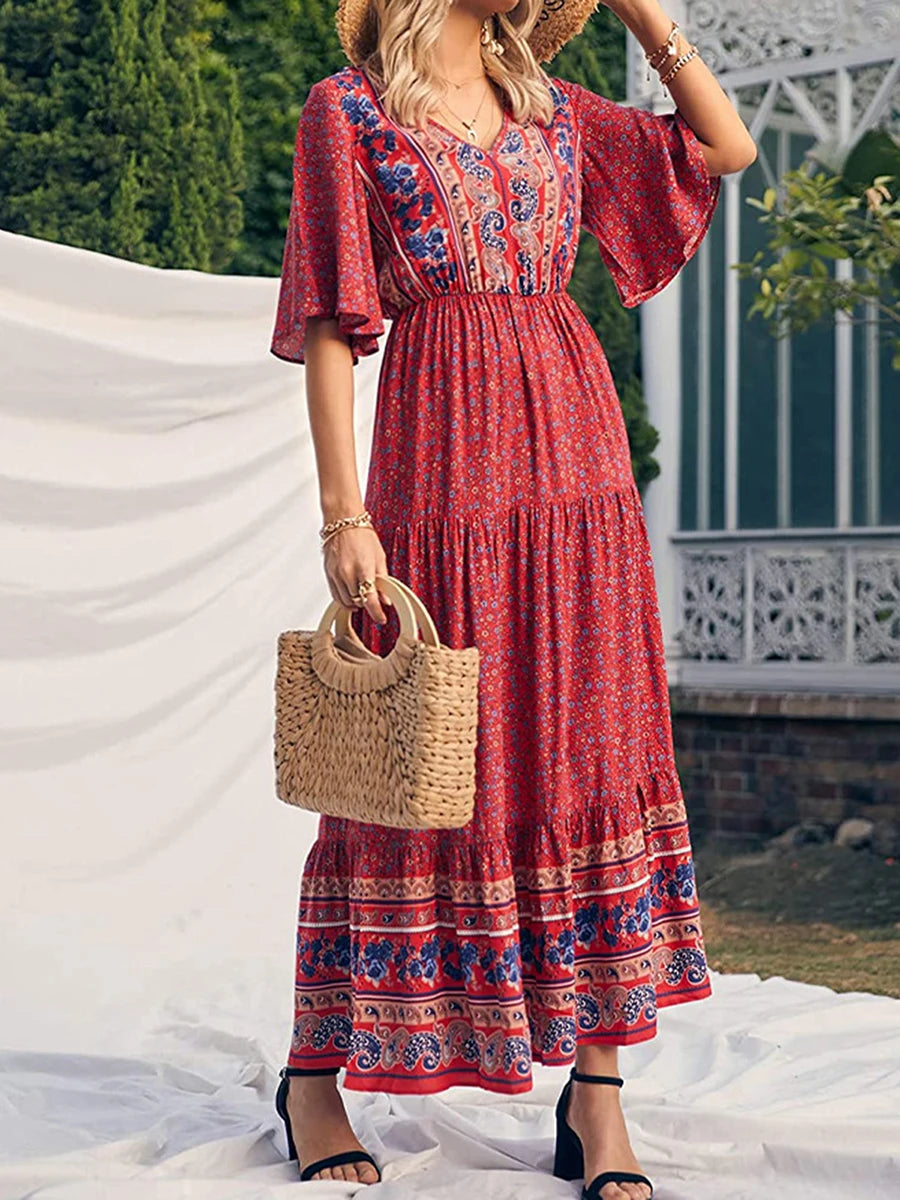 Robe Longue Bohème Imprimée Col V