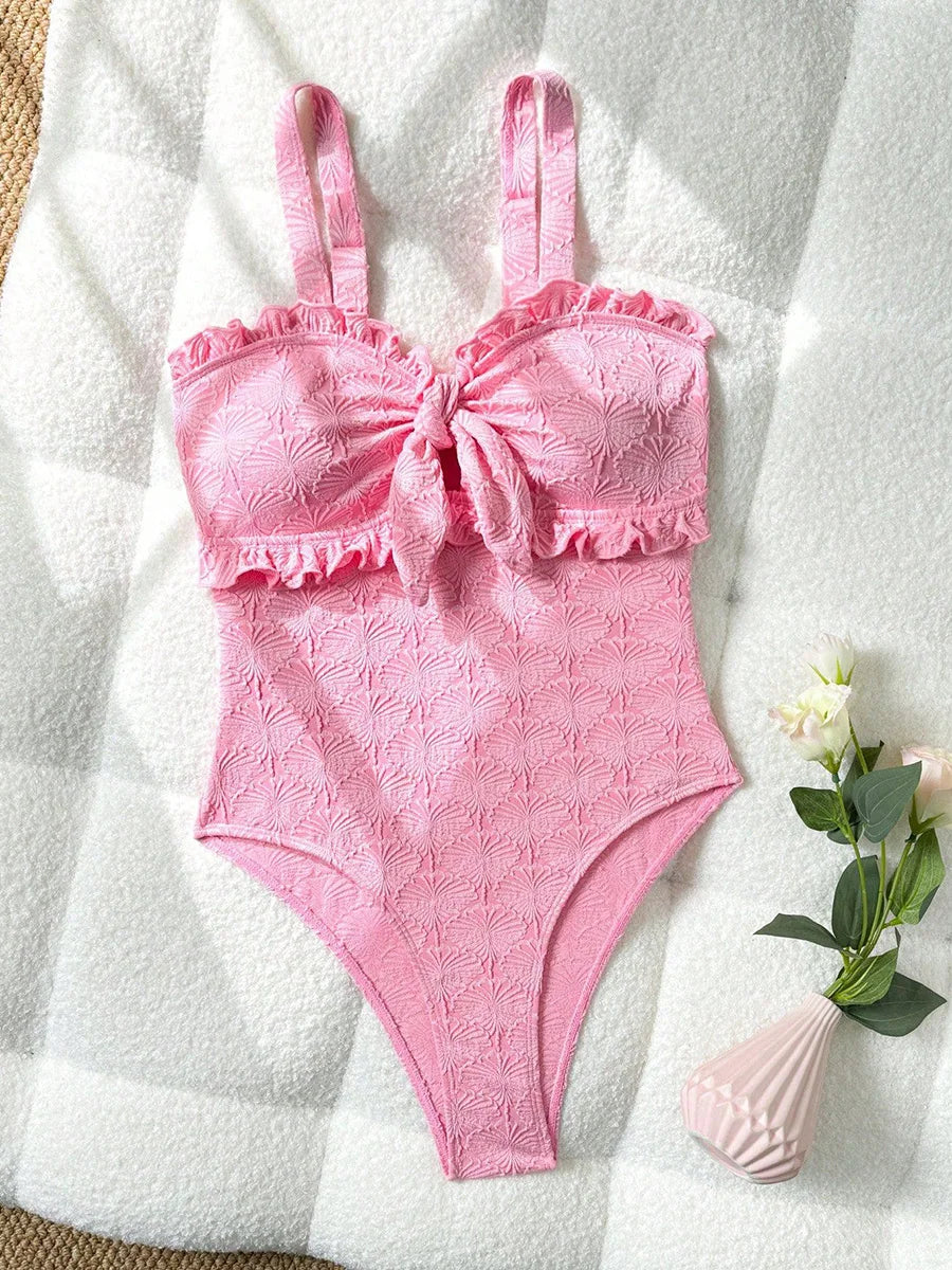 Maillot de bain une pièce pour femme, imprimé floral, sans bretelles, à volants, avec nœud, tailles S-XL