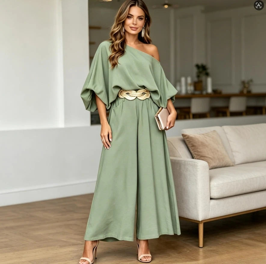 Ensemble 2 Pièces Col Asymétrique & Pantalon Large